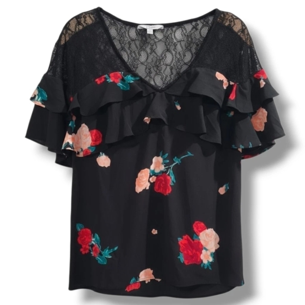 Candie’s Women’s Black Floral Ruffle Lace Blouse – Size Small, Short Sleeve
